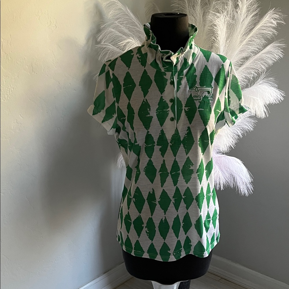 Green Diamond Print Short Sleeve Polo Top